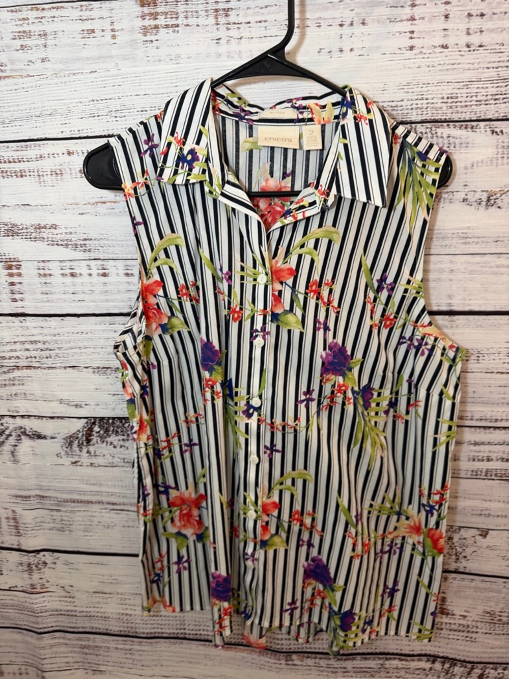 Chico's White Black Striped Floral Sleeveless Button Front Top